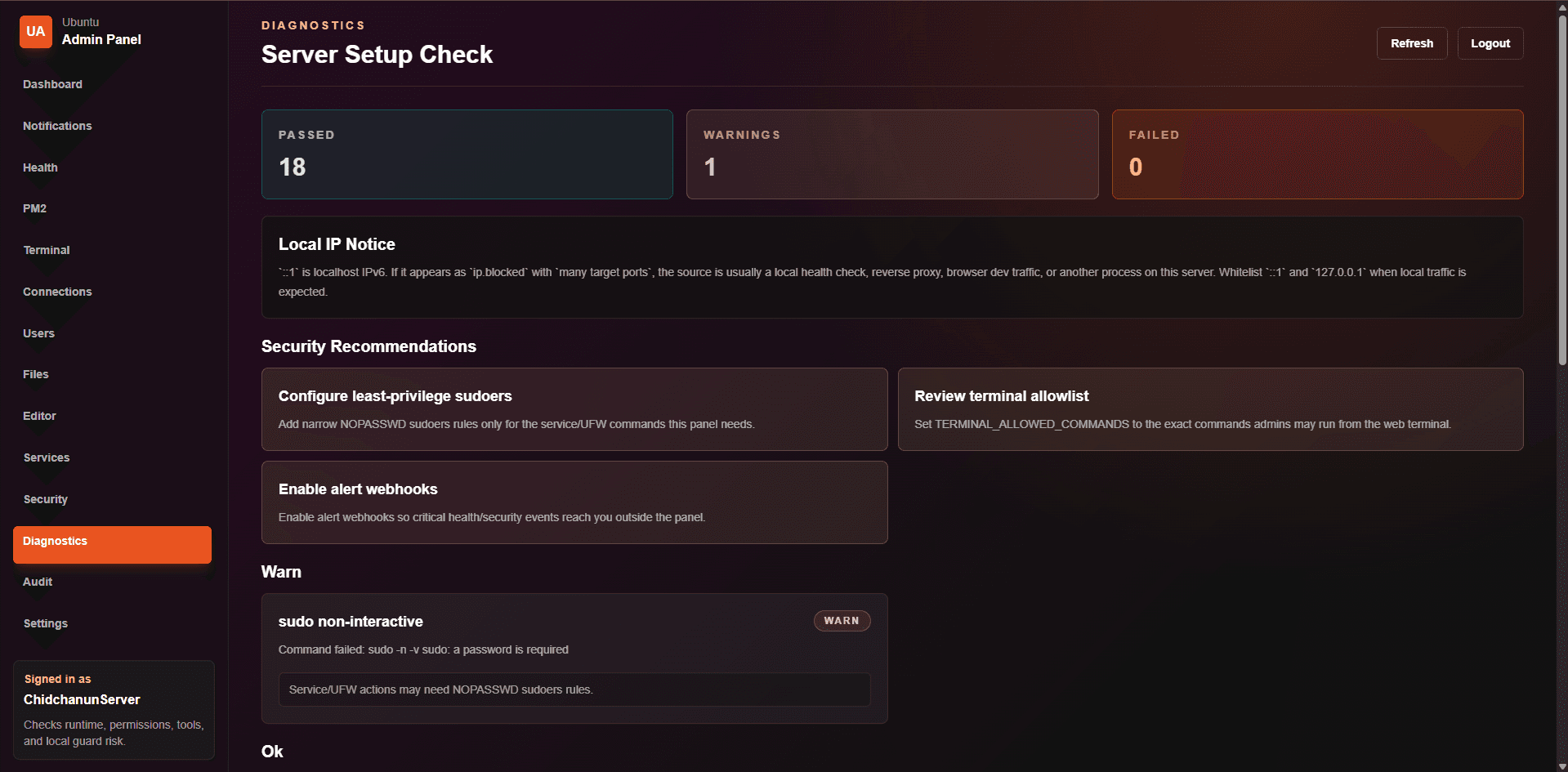 AdminPannelUbuntu Diagnostics screen