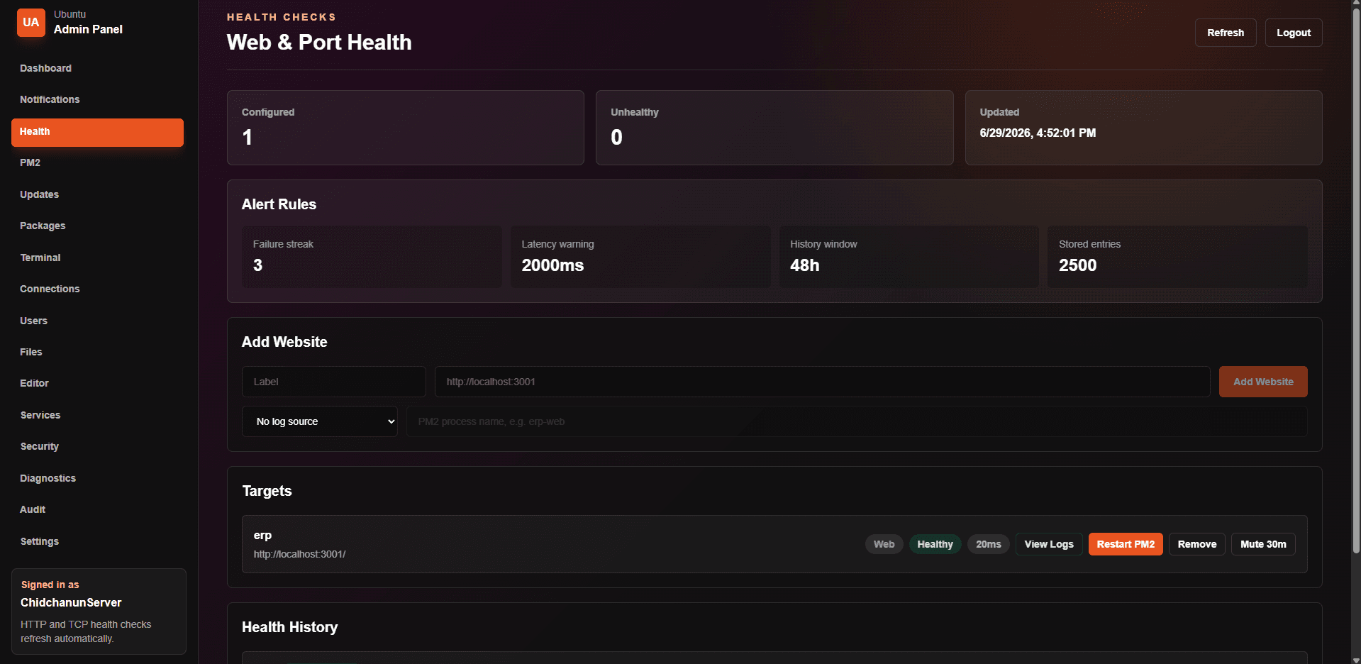 AdminPannelUbuntu Health screen