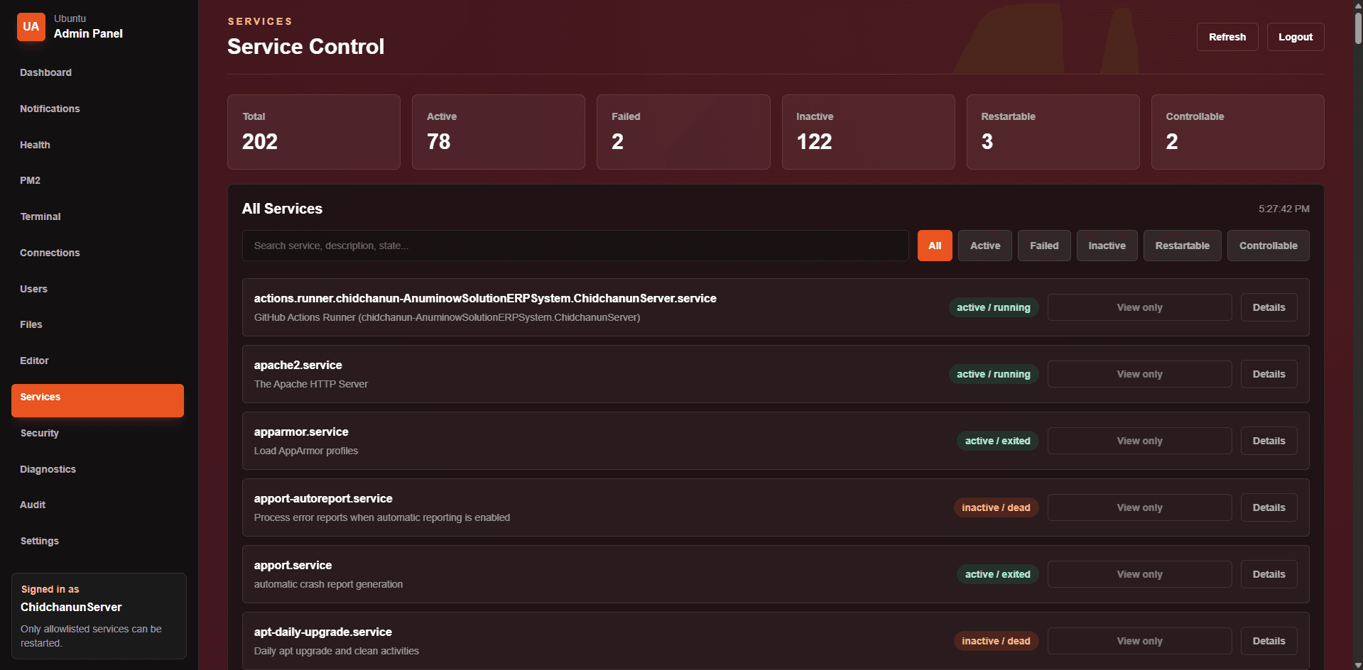 AdminPannelUbuntu Services screen