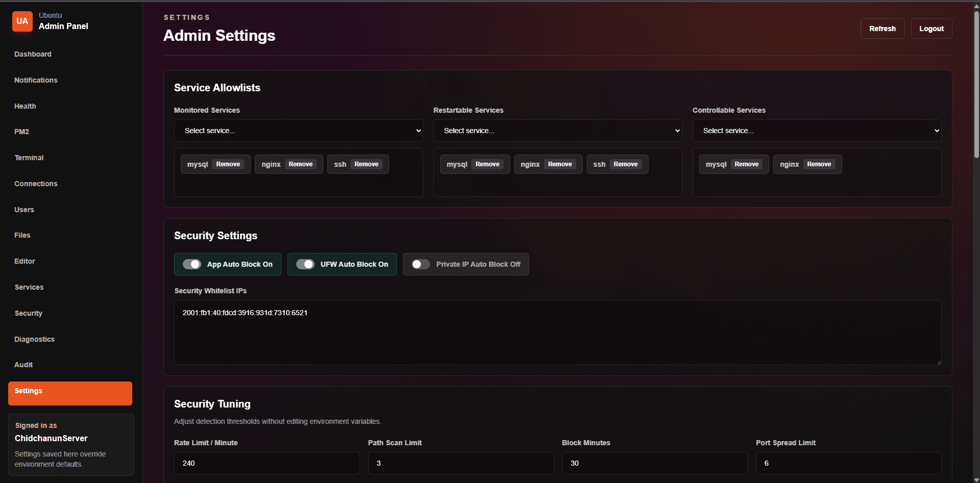 AdminPannelUbuntu Settings screen