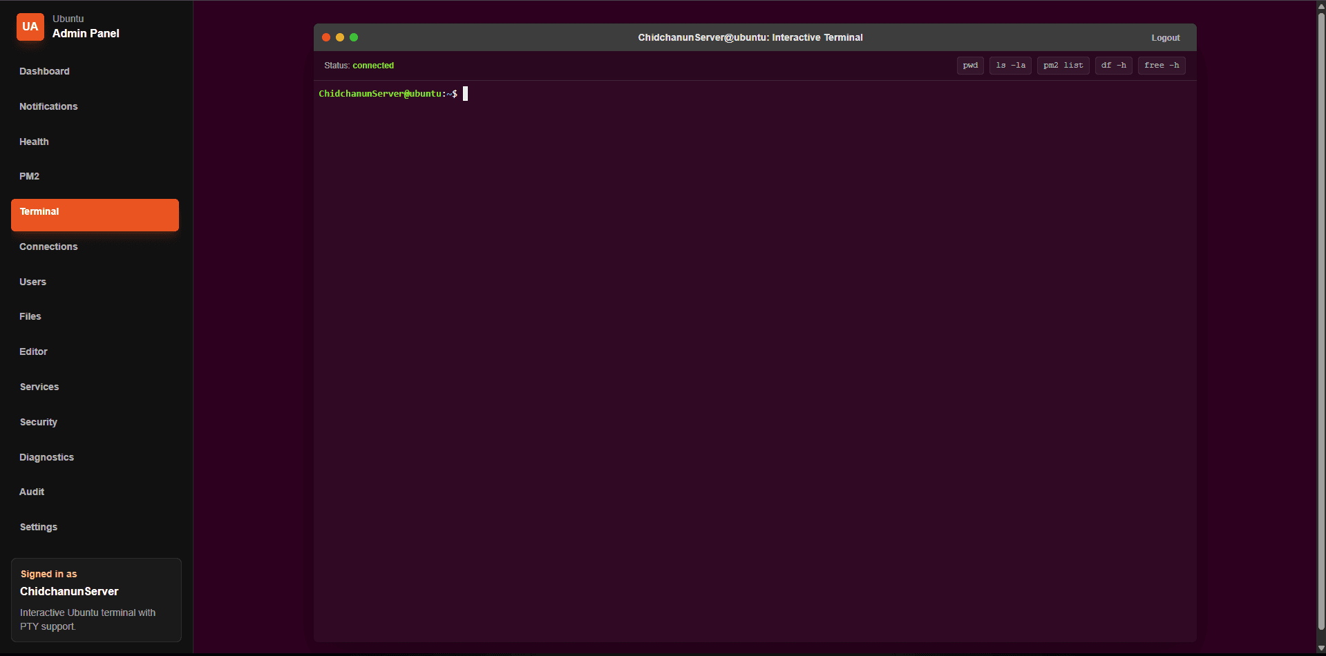 AdminPannelUbuntu Terminal screen
