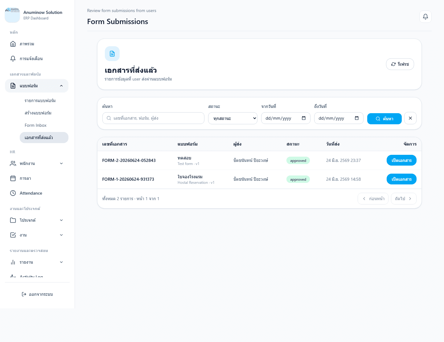 Anuminow Solution ERP Form Submissions screen