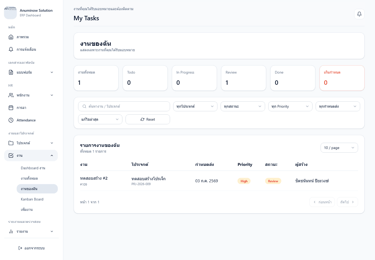 Anuminow Solution ERP My Tasks screen