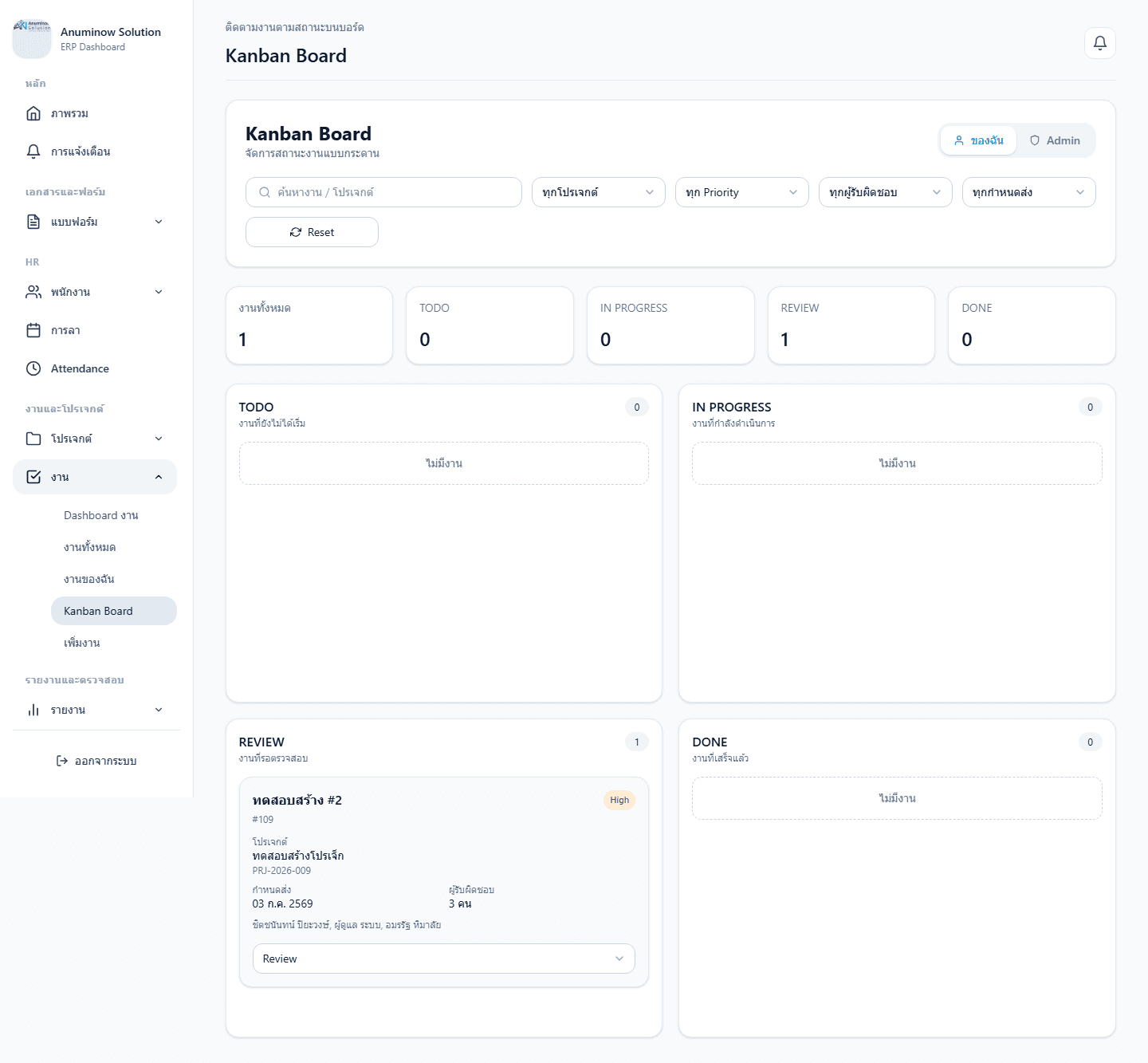Anuminow Solution ERP Kanban Board screen